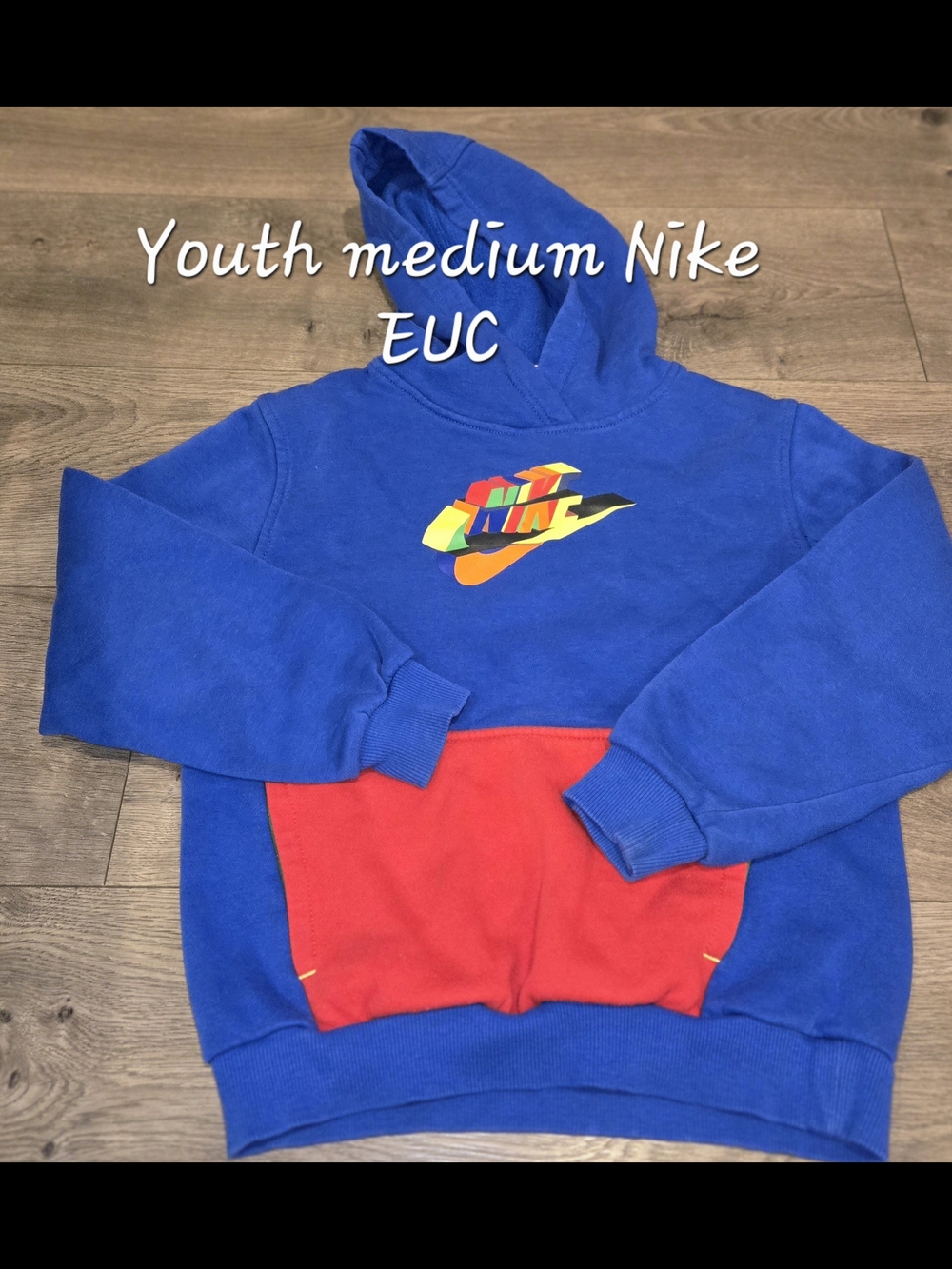 Nike Blue Hoodie with Red Kangaroo Pocket and Multicolor Logo